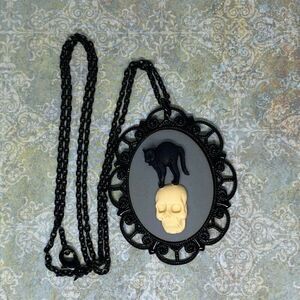 Skull Cat Black Skeleton Gothic Cameo Necklace